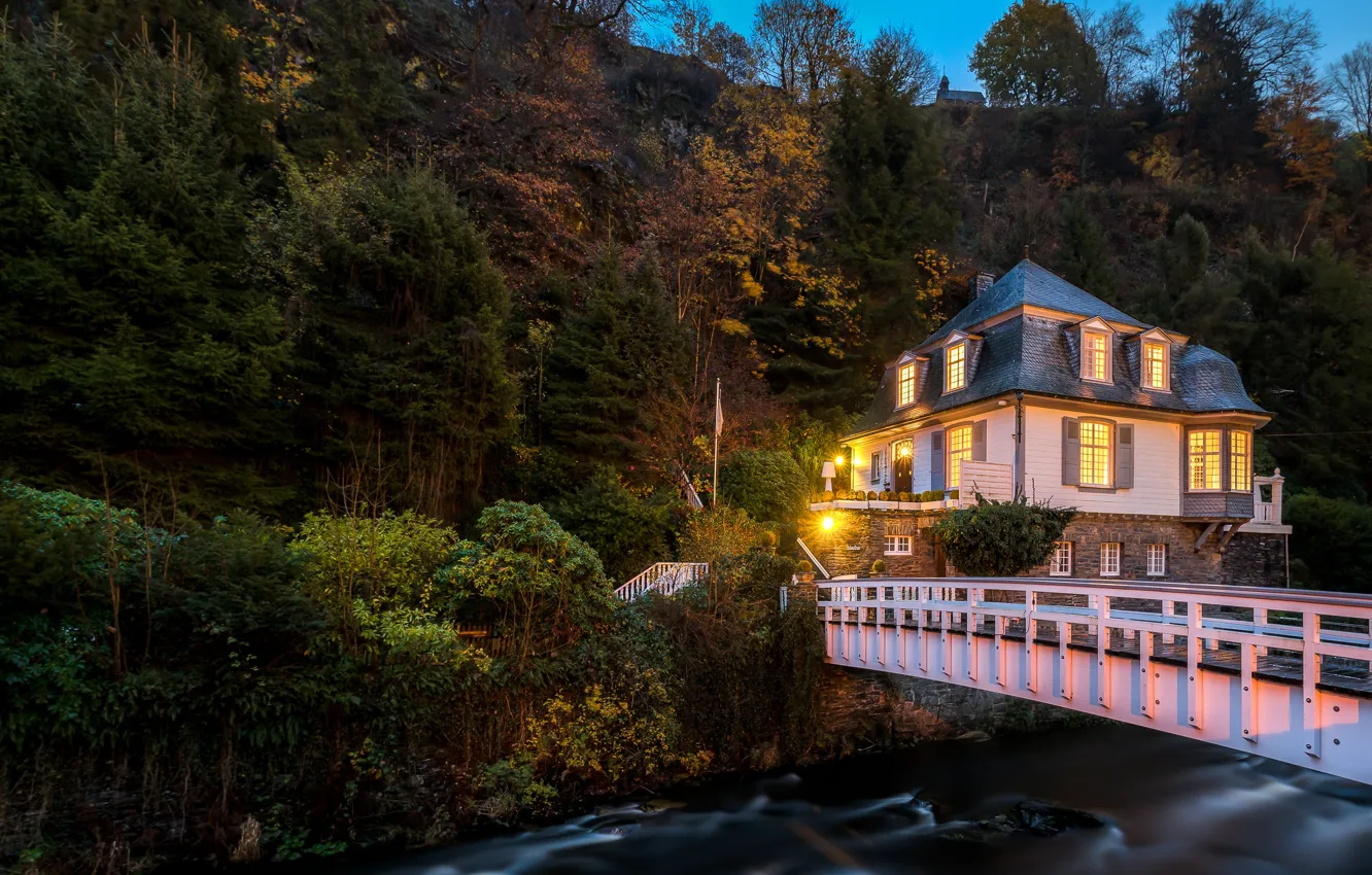 Photo wallpaper trees, bridge, house, river, for, the evening, Germany, house