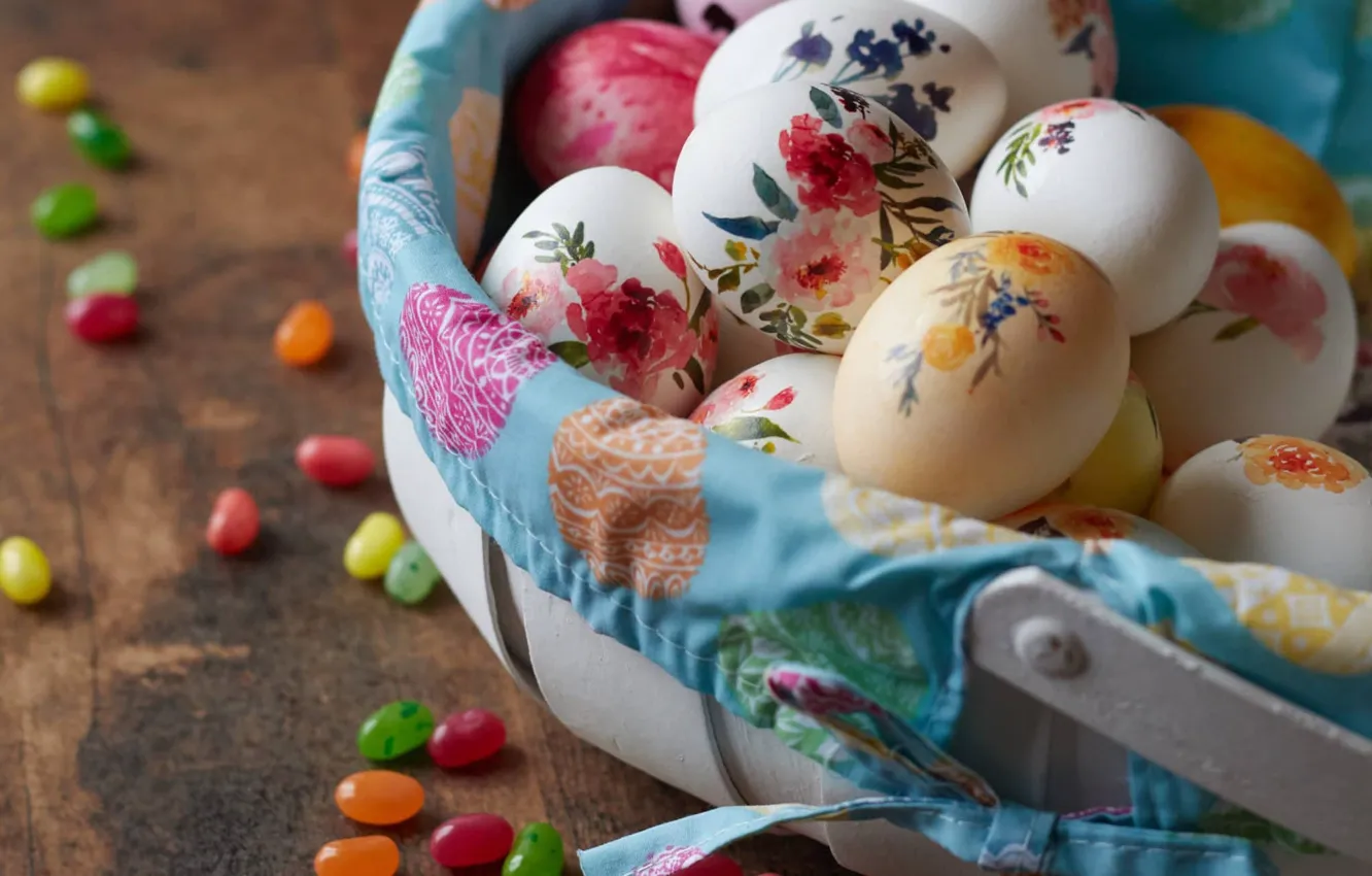 Photo wallpaper macro, flowers, table, holiday, pattern, Board, eggs, spring