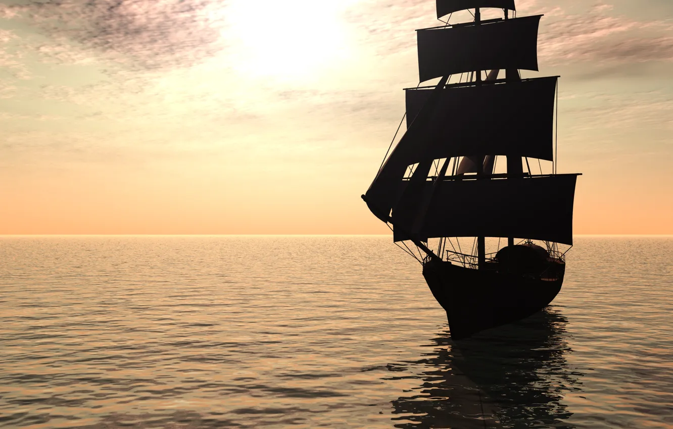 Photo wallpaper the sky, the sun, the ocean, sailboat, visualization, render, pirate ship, pirate ship