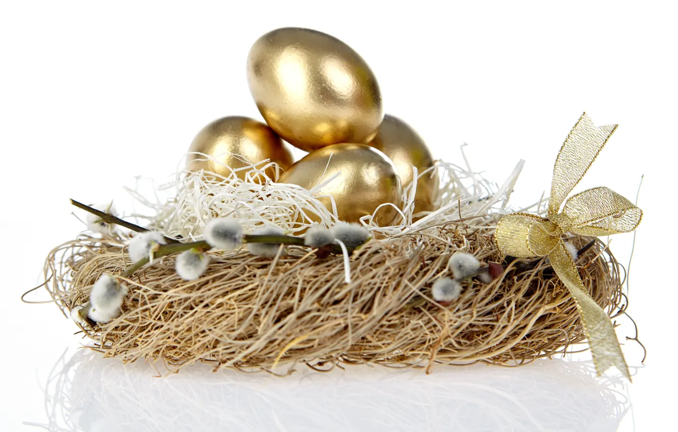 Photo wallpaper holiday, Easter, socket, bow, Golden eggs, willow twigs