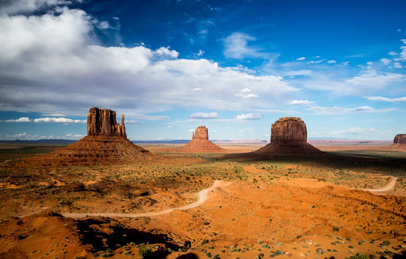 Photo wallpaper road, clouds, landscape, nature, rocks, desert