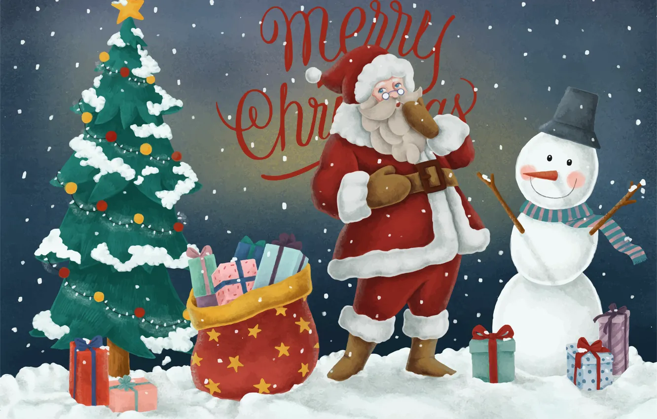 Photo wallpaper Winter, Christmas, New year, Santa Claus, Merry Christmas, Gifts, Snowman, Christmas tree