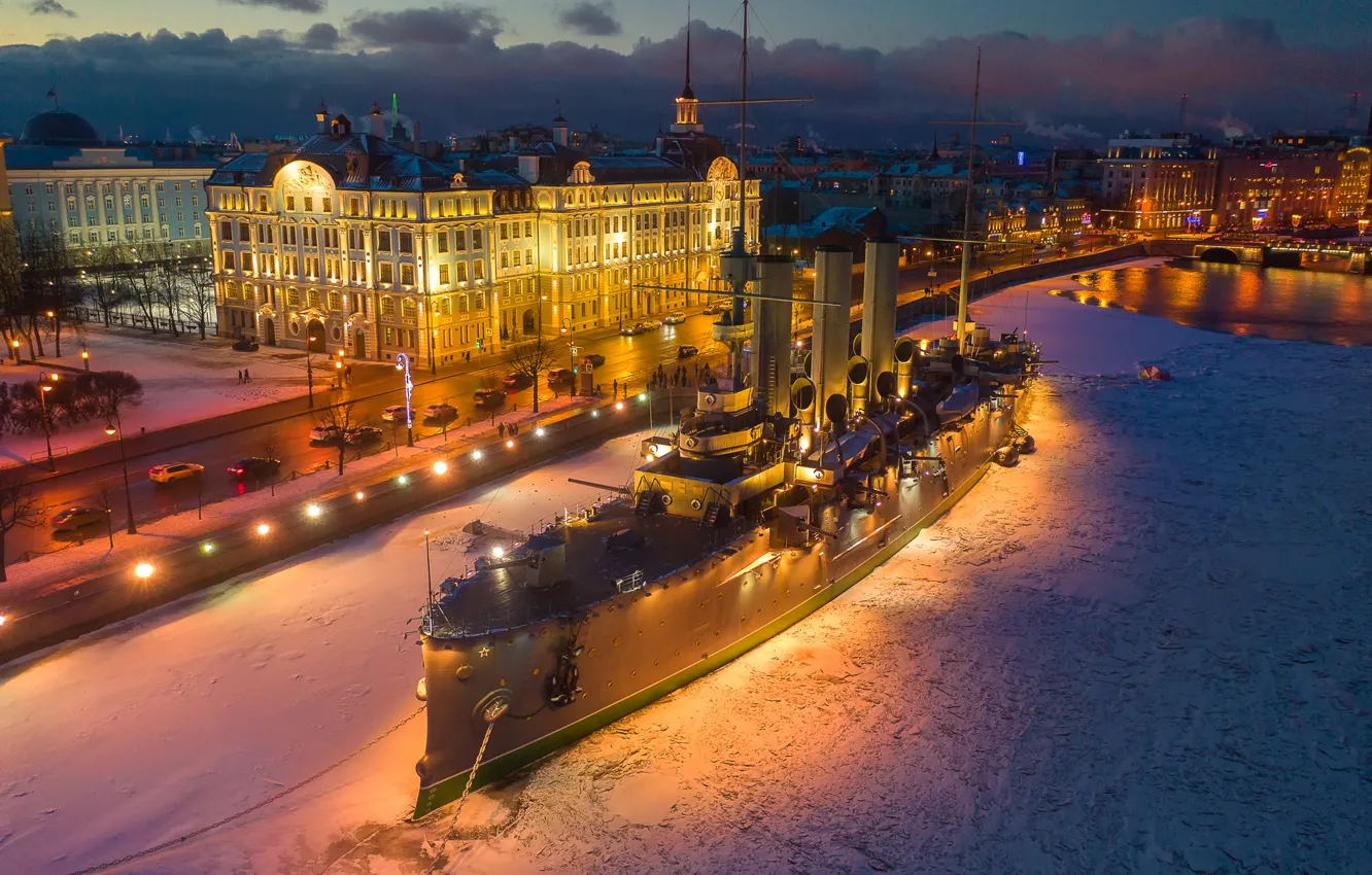 Photo wallpaper winter, road, the city, river, ship, building, home, the evening