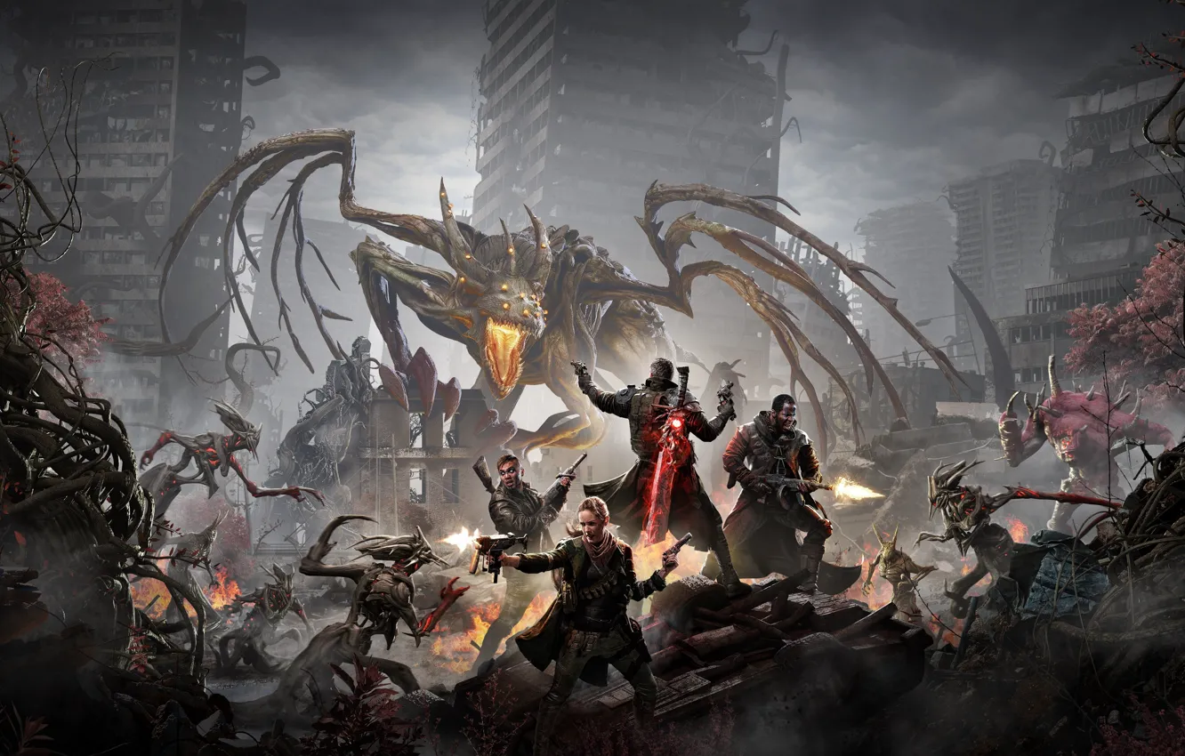 Photo wallpaper The city, Monsters, Ruins, Soldiers, Battle, Game, Creatures, Remnant: From the Ashes