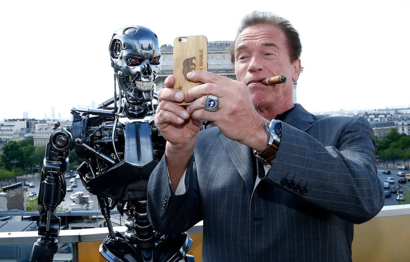Photo wallpaper terminator, cigar, cyborg, Arnold Schwarzenegger, terminator, selfie
