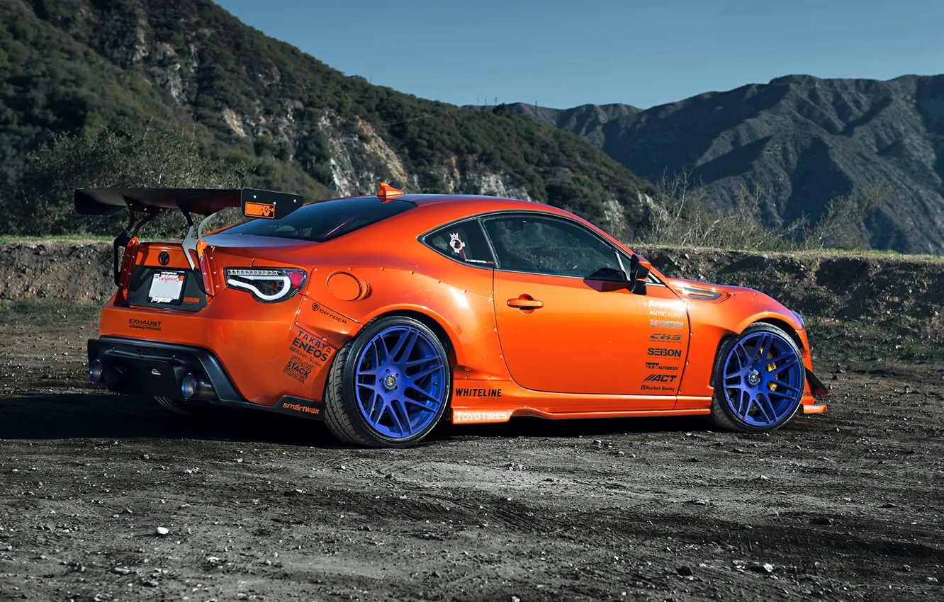 Photo wallpaper Orange, Toyota, Mountain, Style, Tuning, Wheels, Rims, Widebody