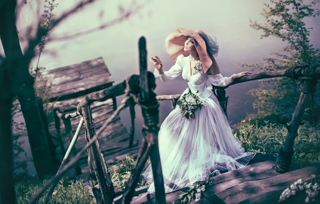 Photo wallpaper water, girl, style, hat, dress, ladder, lilac, Valeriya Mytnik