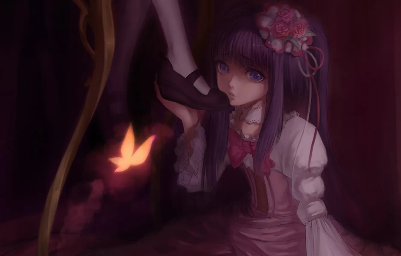 Photo wallpaper girl, butterfly, feet, roses, hat, bow