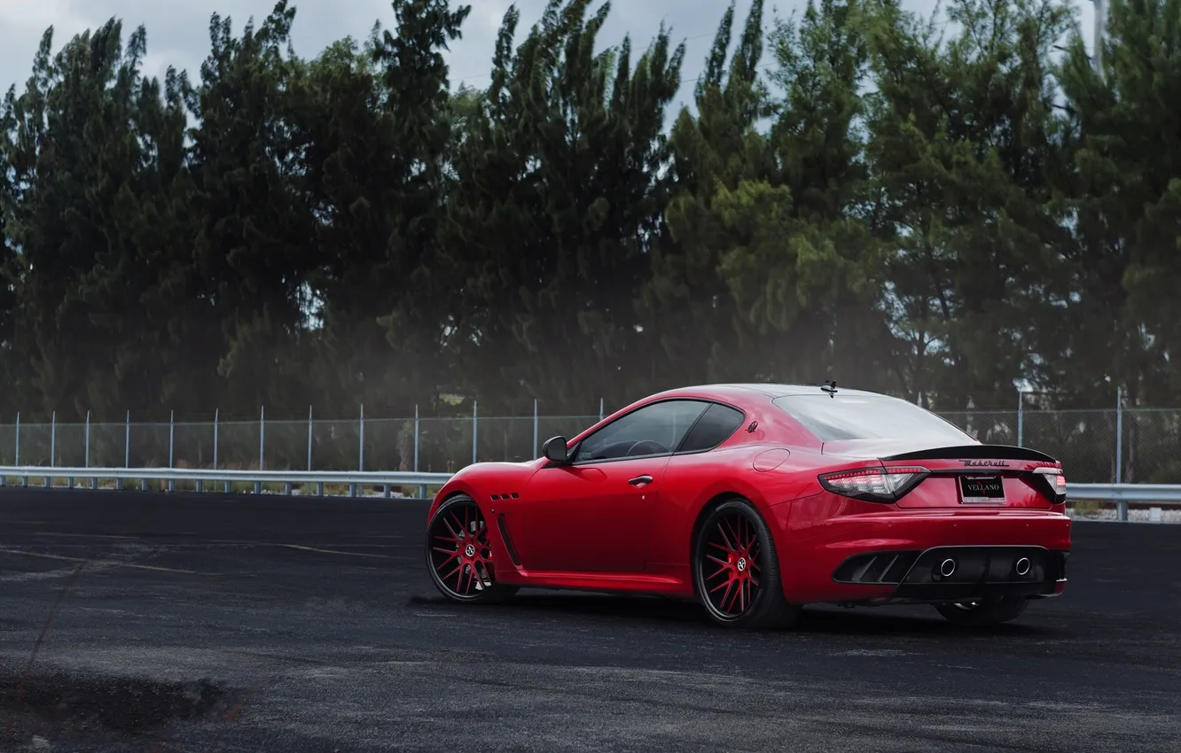 Photo wallpaper the sky, trees, red, reflection, Maserati, the fence, Parking, red