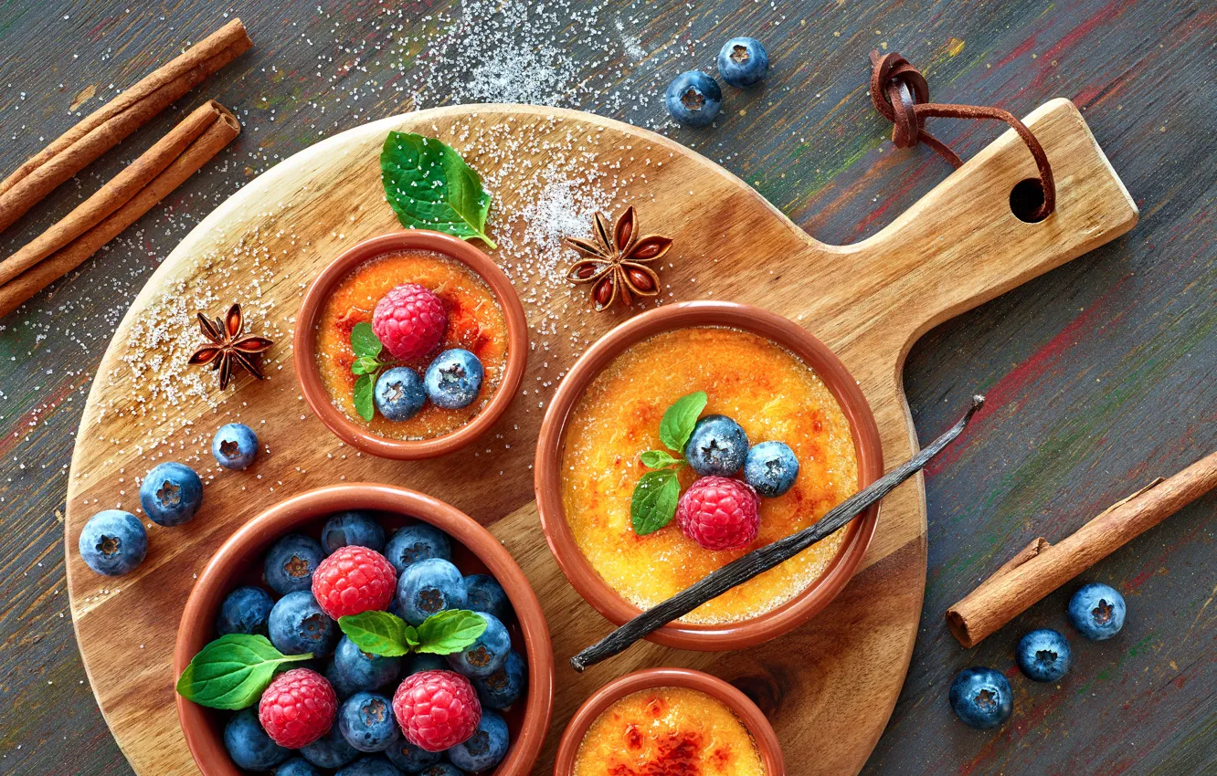 Photo wallpaper berries, raspberry, blueberries, dessert, creme brulee