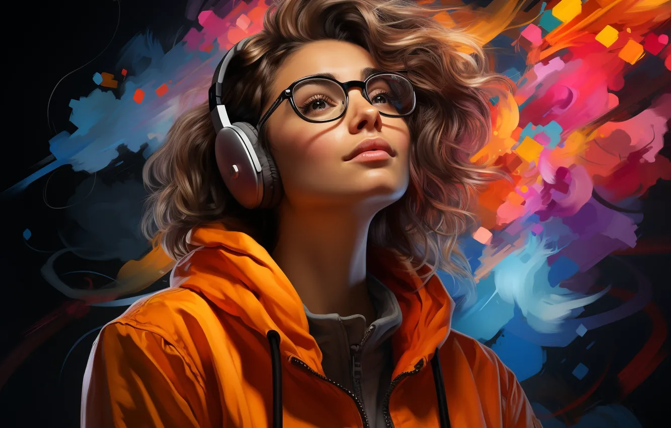 Photo wallpaper girl, paint, headphones, illustration, digital art, neural network