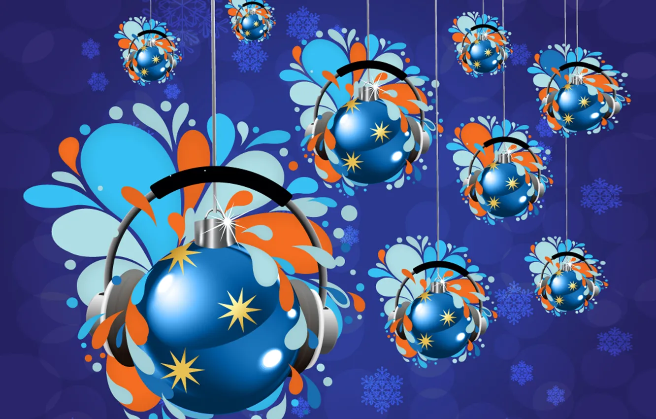 Photo wallpaper balls, headphones, Christmas decorations