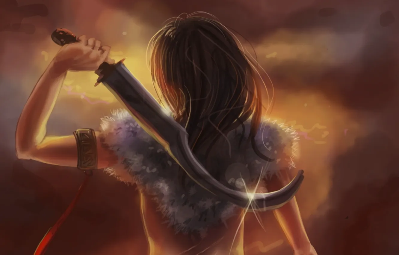 Photo wallpaper girl, weapons, background, fiction, hair, back, hands, art