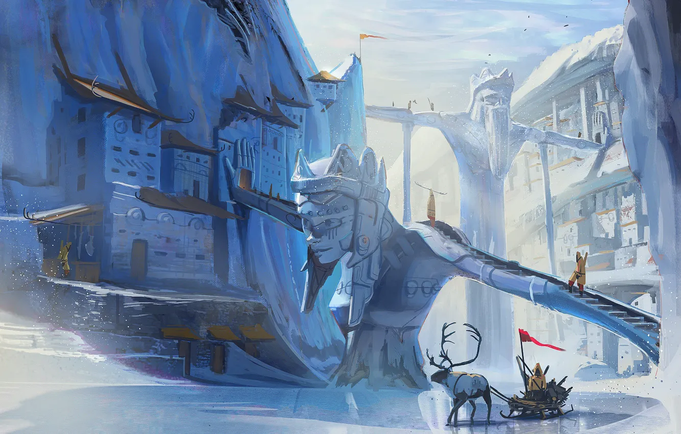 Photo wallpaper ice, deer, sleigh, settlement, Ice and Horns