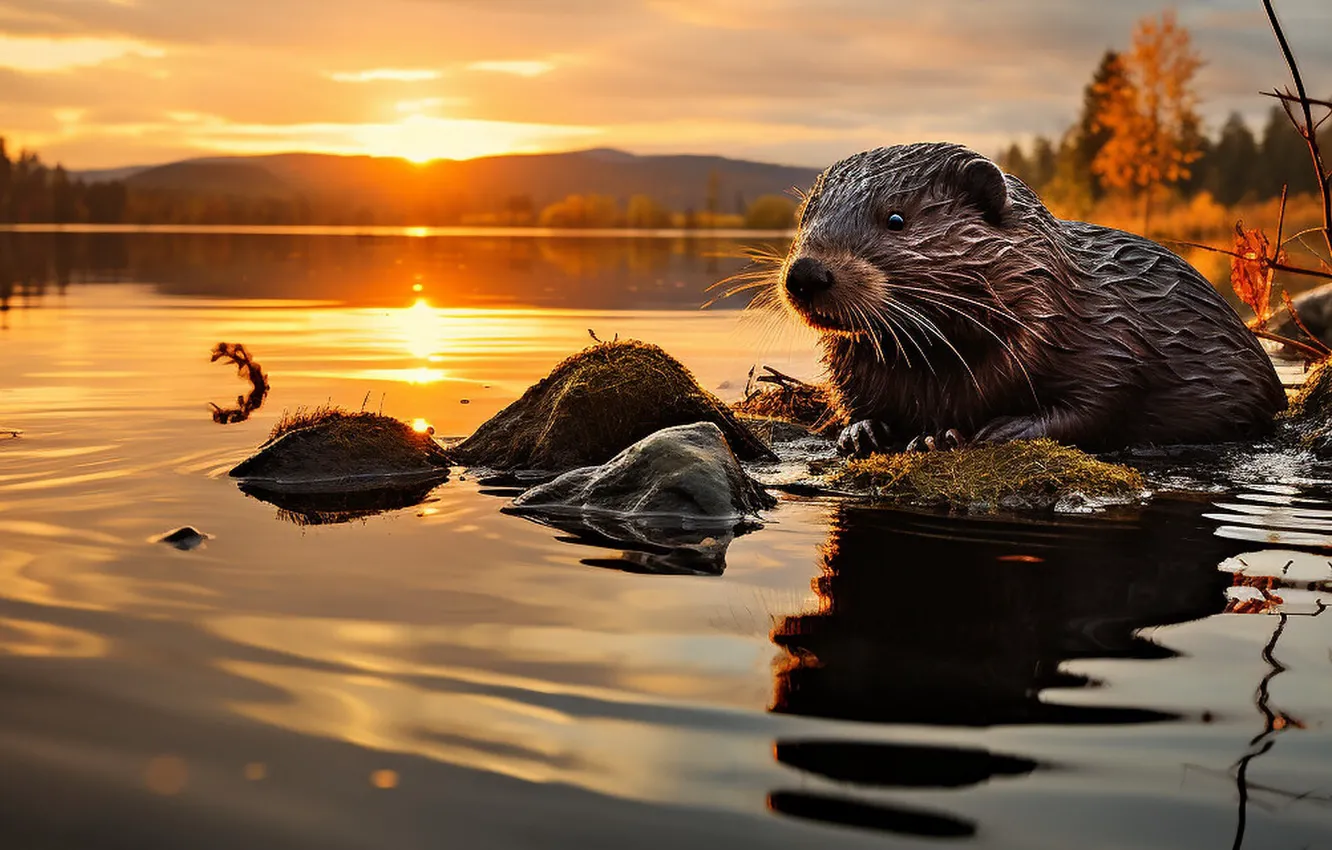 Photo wallpaper sunset, dawn, shore, bathing, beaver, pond, AI art, The Art of Artificial Intelligence