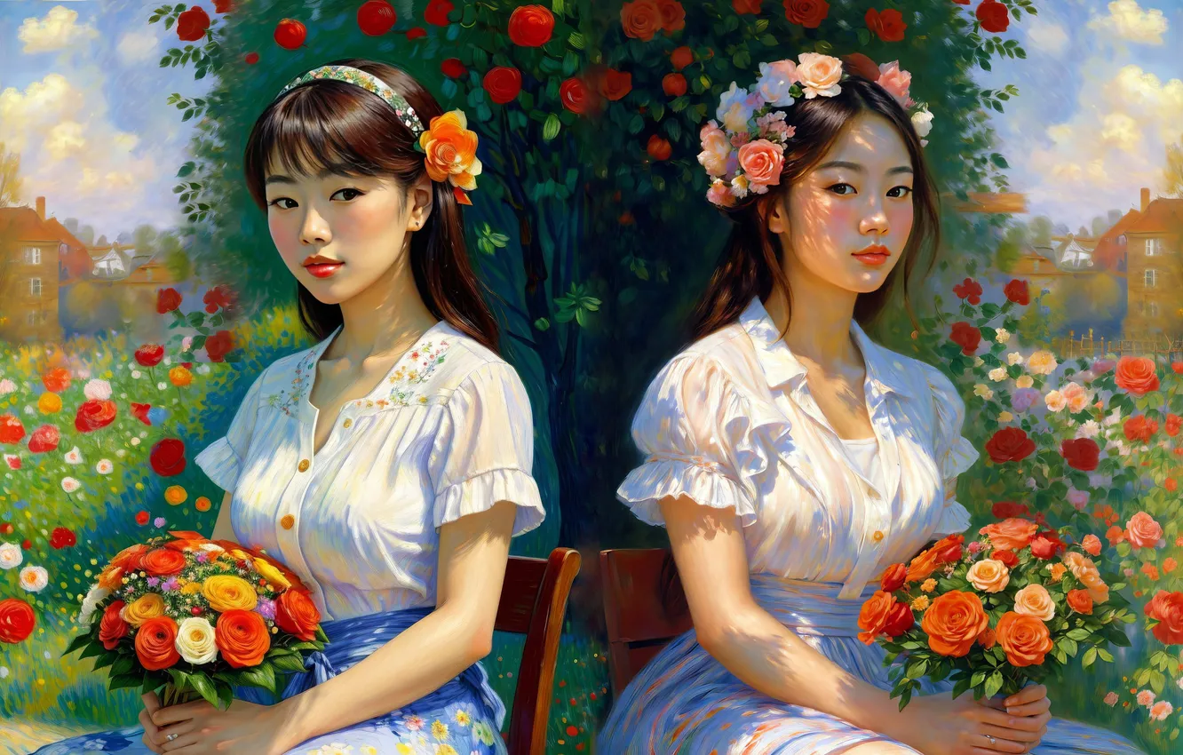 Photo wallpaper look, girl, light, flowers, pose, Park, reflection, skirt