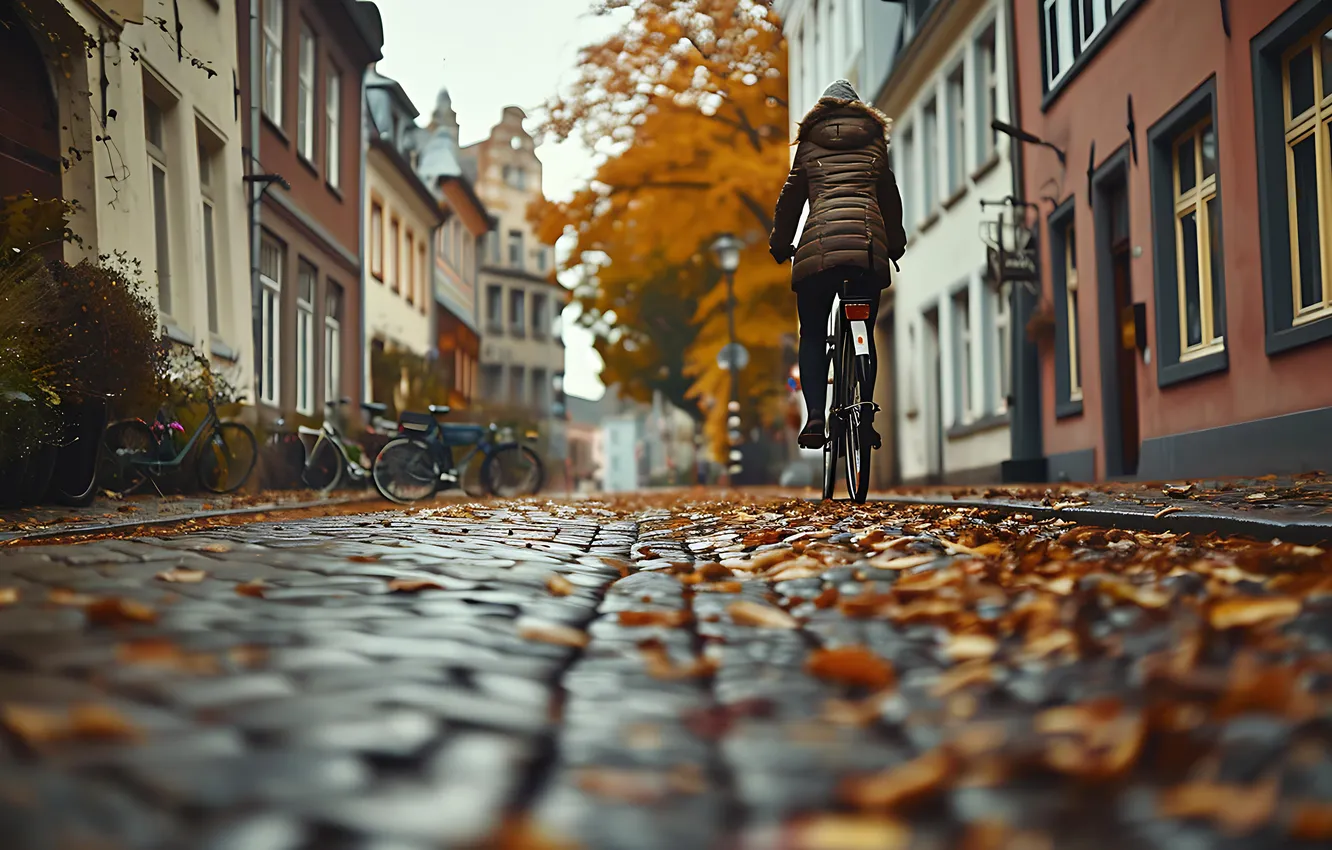 Photo wallpaper road, autumn, girl, bike, the city, foliage, tile, home