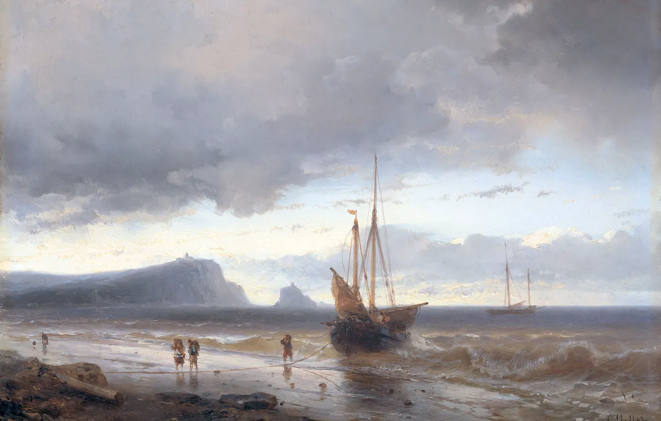 Photo wallpaper landscape, ship, oil, sailboat, picture, sail, 1850, Johan Hendrik Louis Meijer
