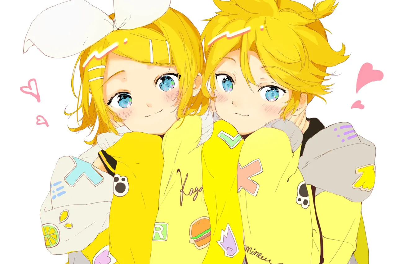 Photo wallpaper boy, girl, hearts, kagamine rin, kagamine len, Vocaloids