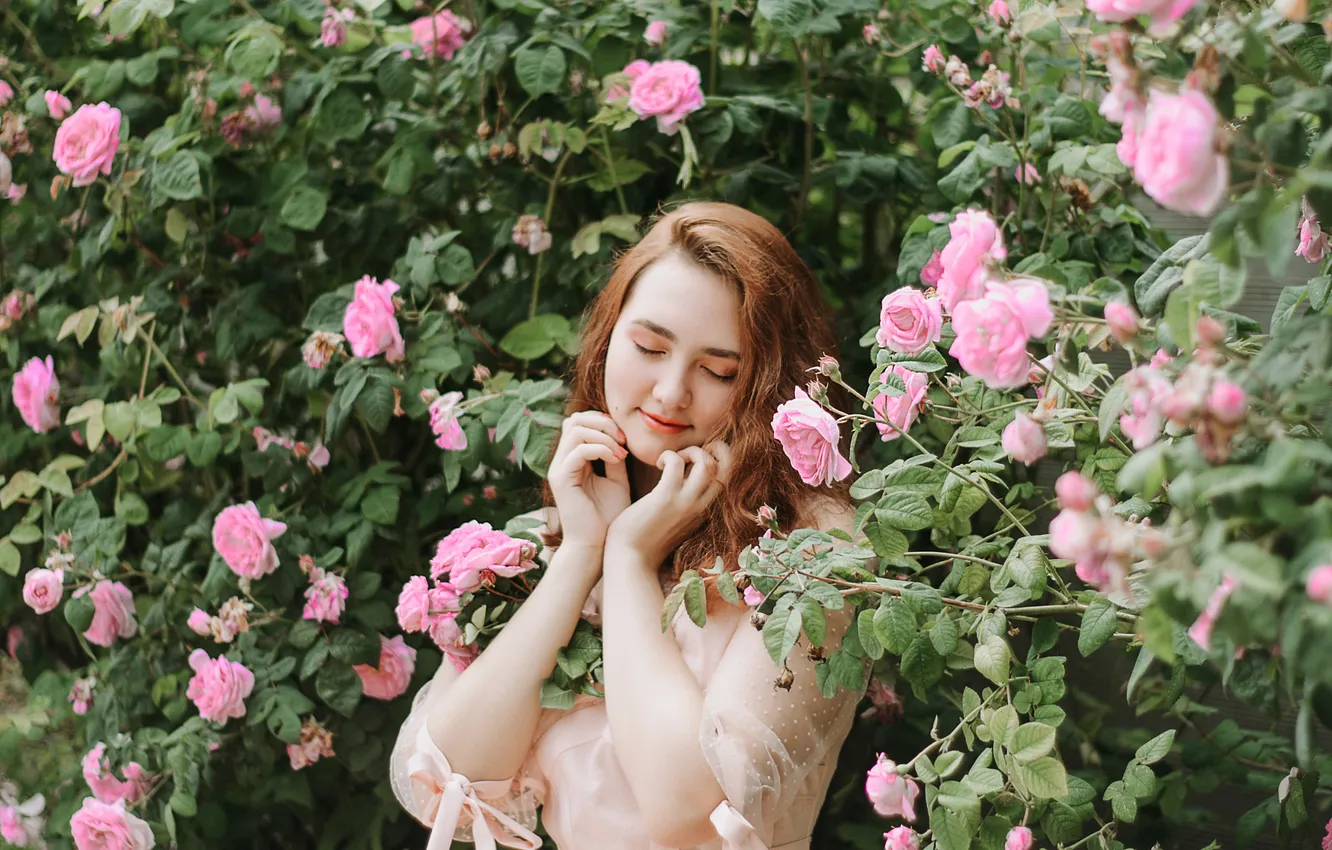 Photo wallpaper summer, girl, flowers, nature, pose, mood, roses, pink