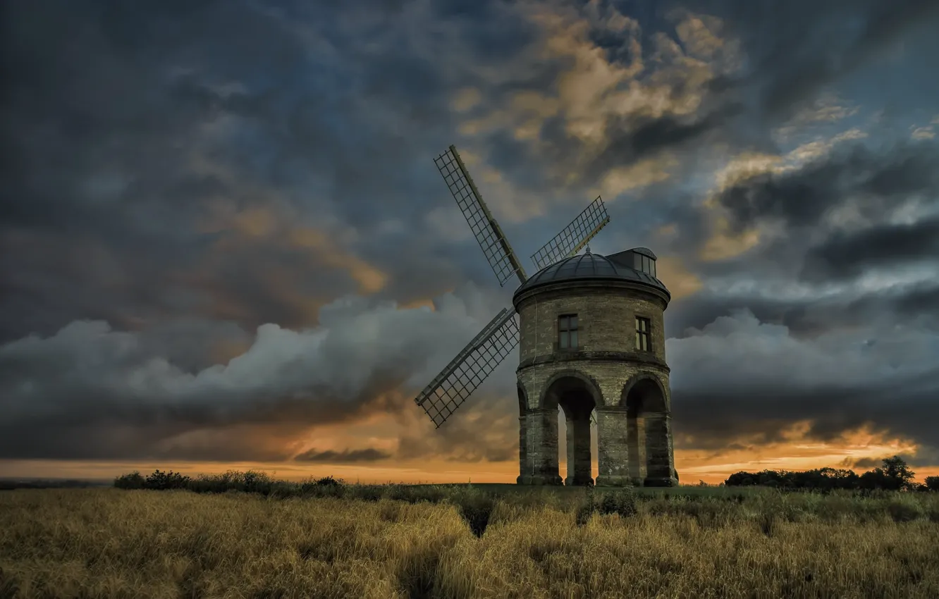 Photo wallpaper field, the sky, clouds, the evening, mill