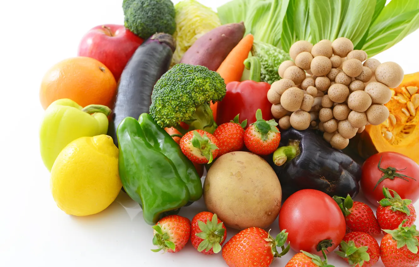 Photo wallpaper berries, lemon, apples, mushrooms, orange, strawberry, eggplant, white background