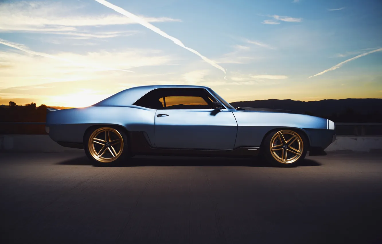 Photo wallpaper Chevrolet, 1969, Camaro, blue, Side, G-Code, Ringbrothers, Camaro 1969