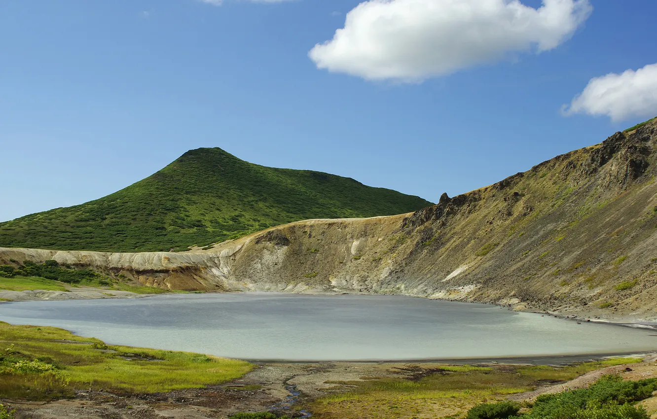Photo wallpaper landscape, lake, the volcano, Russia, The Kuril Islands