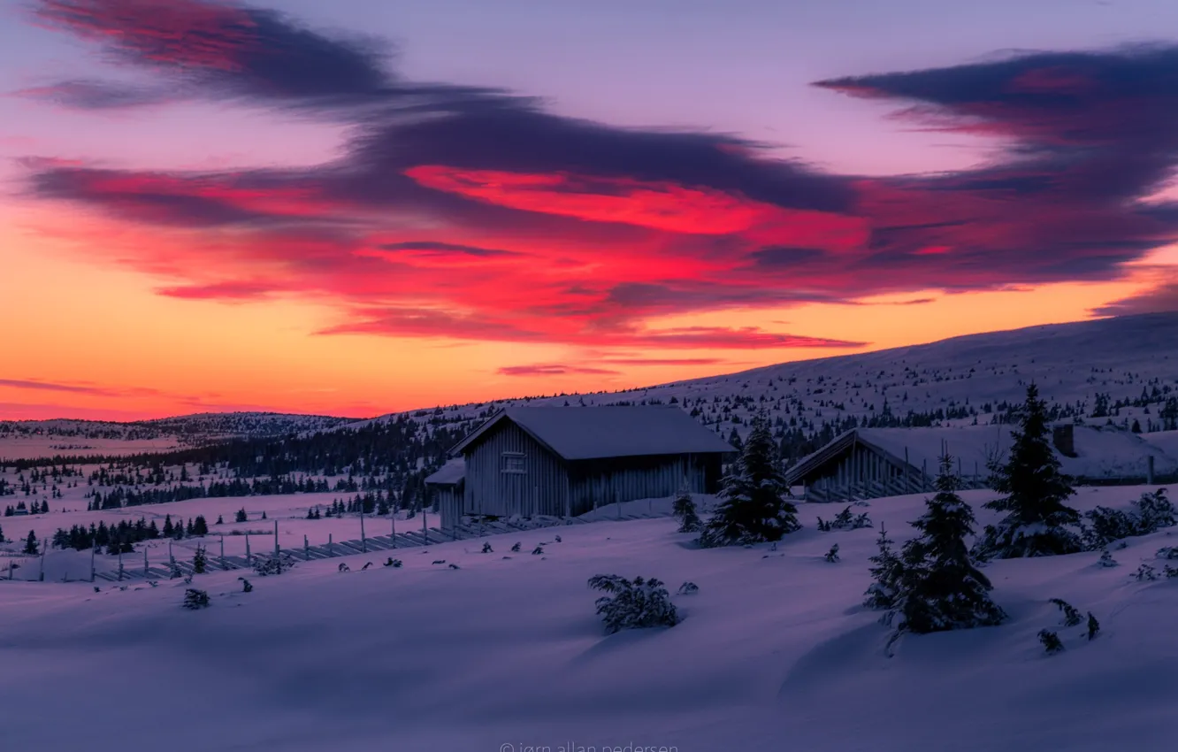 Photo wallpaper winter, the sky, snow, sunset, home, North