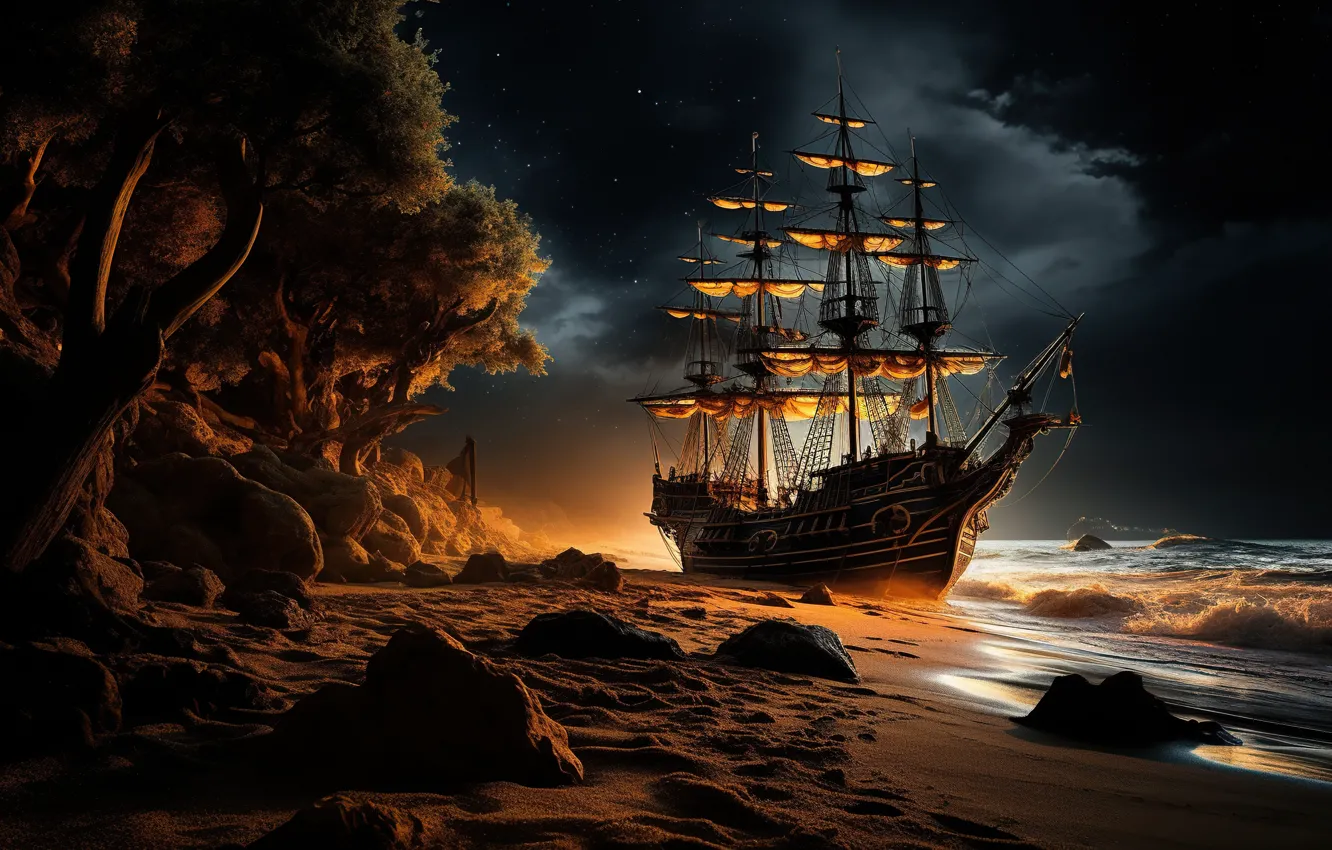 Photo wallpaper sand, sea, wave, the sky, stars, clouds, light, trees