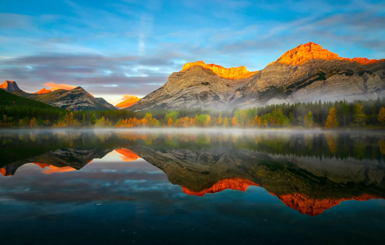 Photo wallpaper autumn, forest, mountains, lake, reflection, morning, Canada, Albert