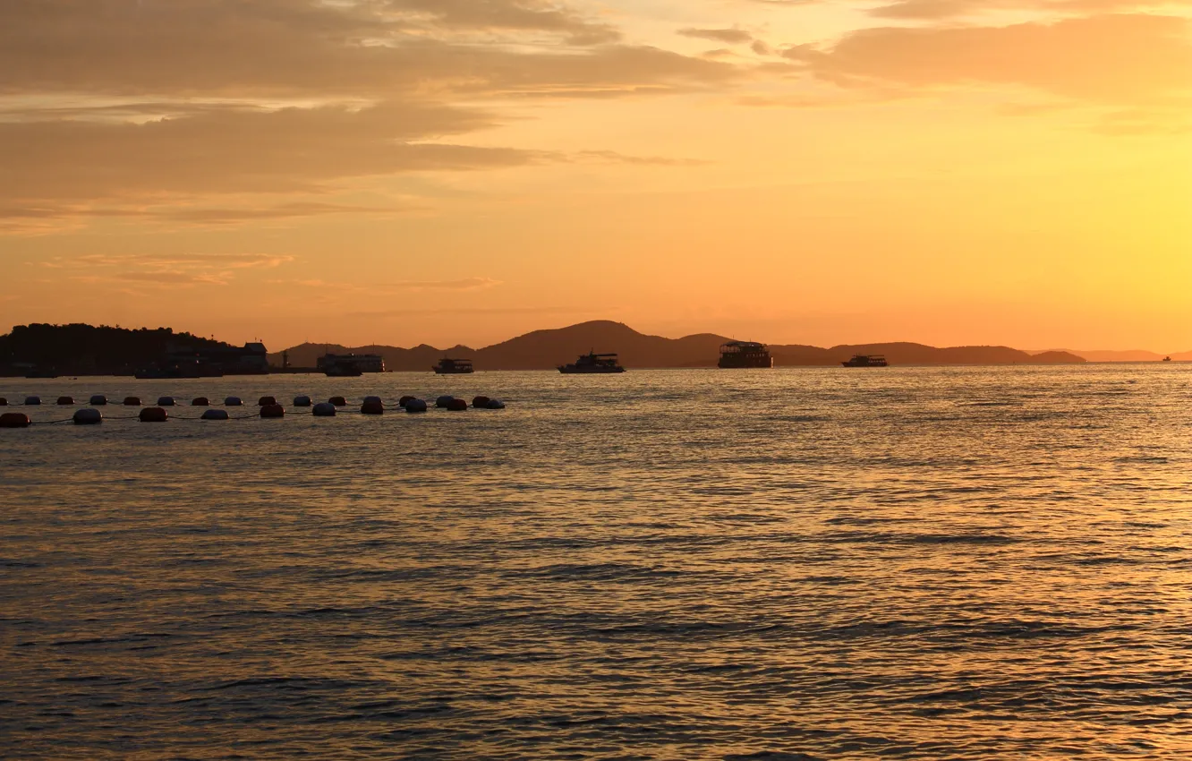 Photo wallpaper sea, sunset, ships