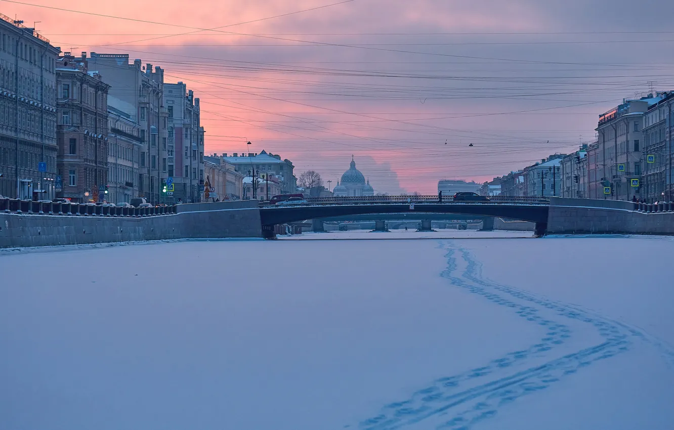Photo wallpaper winter, snow, sunset, traces, bridge, building, home, Saint Petersburg