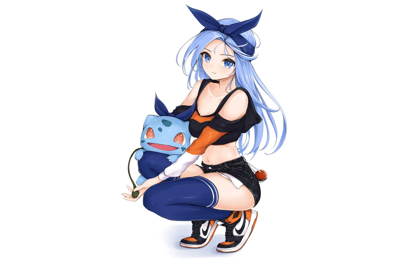 Photo wallpaper girl, sexy, cleavage, shorts, blouse, thighhighs, long hair, boobs