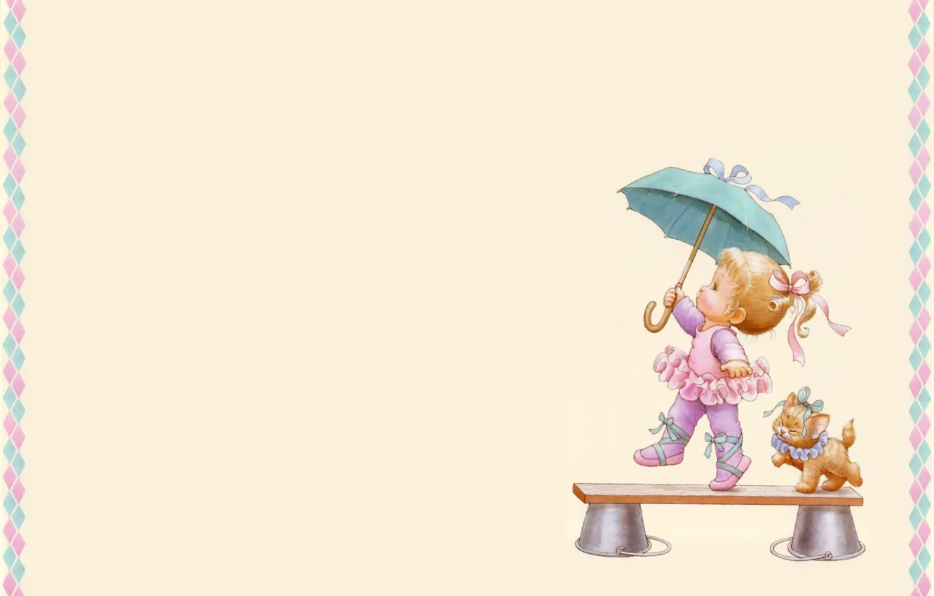 Photo wallpaper umbrella, art, girl, kitty, children's