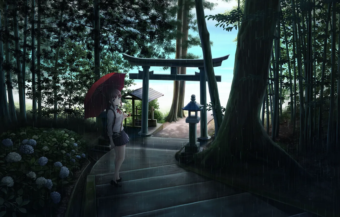Photo wallpaper girl, trees, flowers, nature, rain, umbrella, anime, art