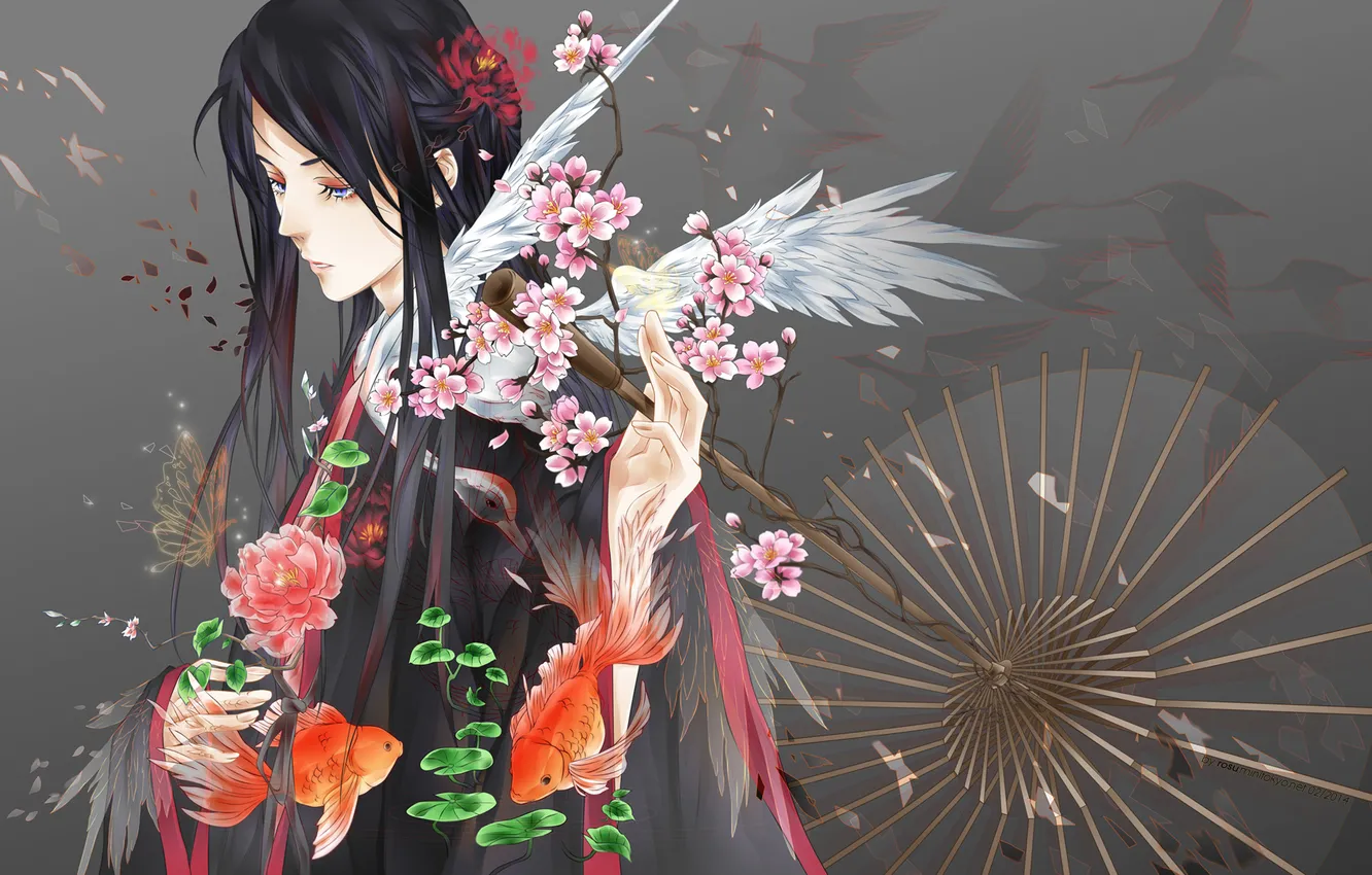 Photo wallpaper fish, flowers, umbrella, bird, butterfly, anime, art, cranes
