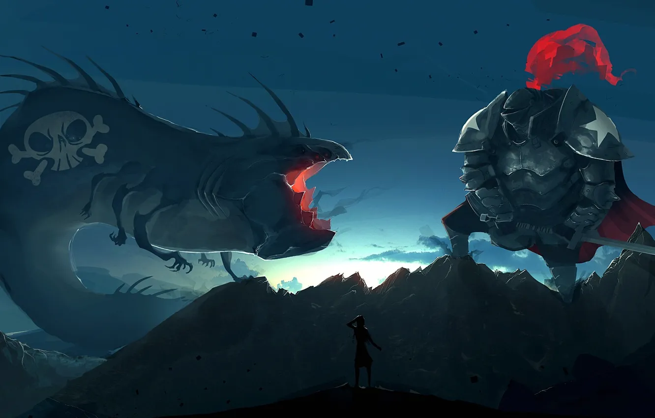 Photo wallpaper mountains, monster, sword, armor, art, knight, cloak