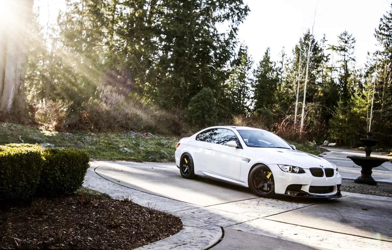 Photo wallpaper road, white, lights, BMW, BMW, white, e92