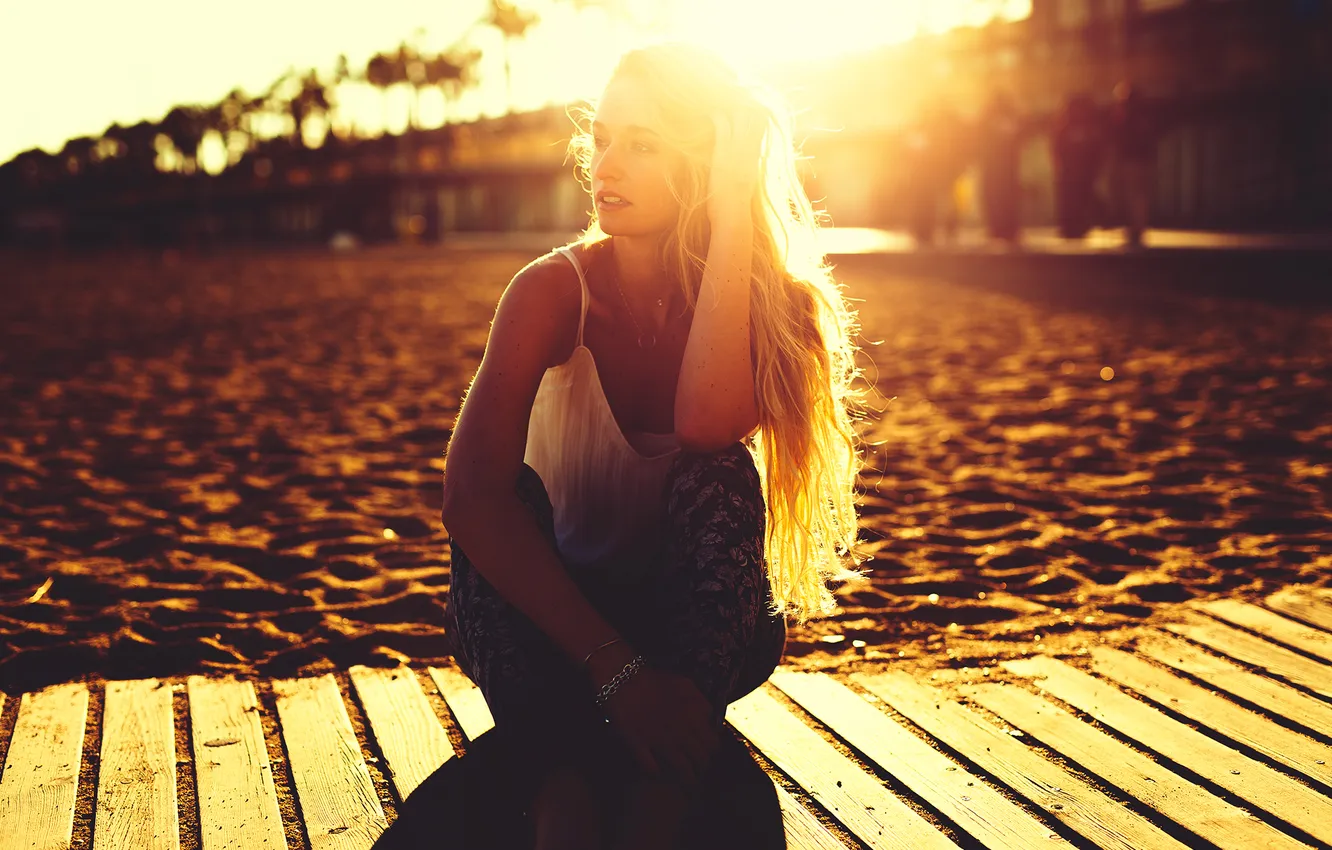 Photo wallpaper sand, beach, summer, girl, the sun, pose, hair, sitting