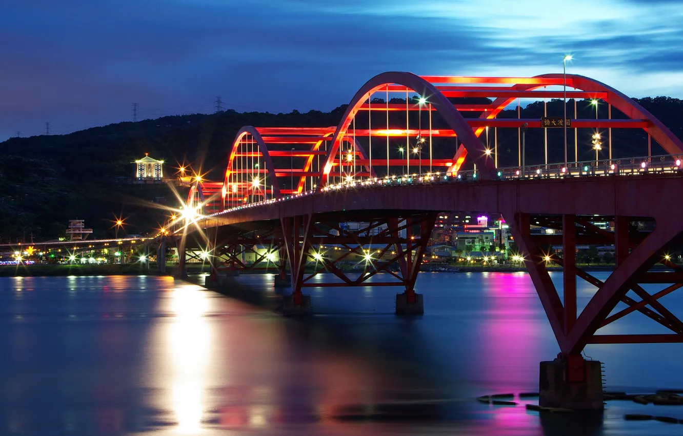 Photo wallpaper bridge, lights, river