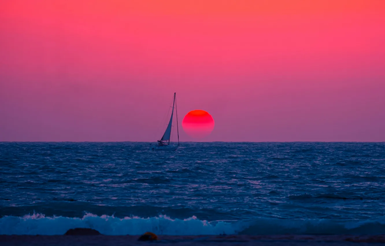Photo wallpaper sea, wave, the sun, sunset, the ocean, shore, yacht, horizon