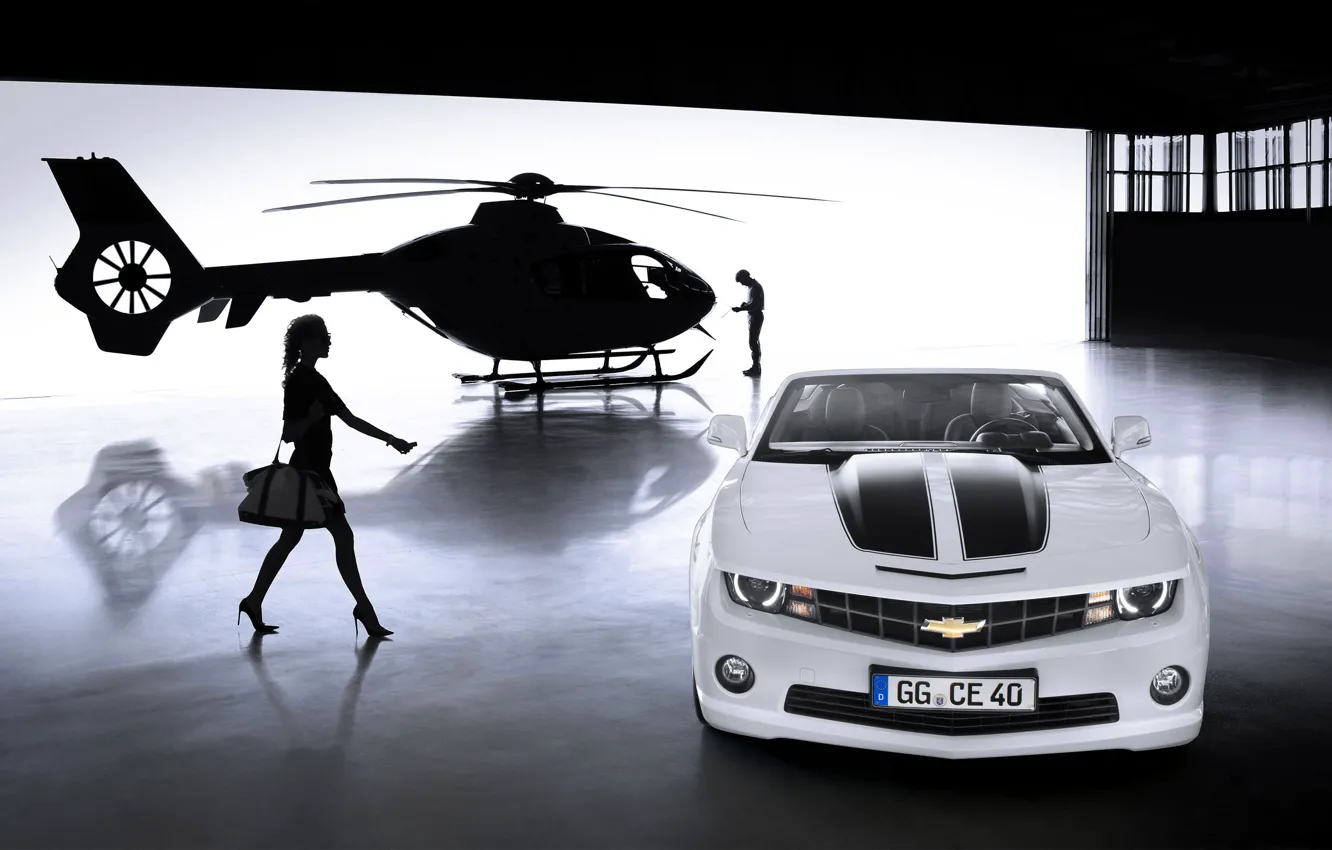 Photo wallpaper girl, Chevrolet, Camaro, helicopter, Convertible 2012