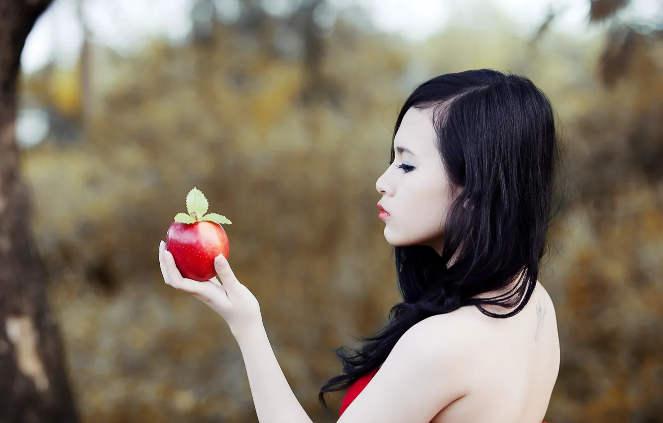 Photo wallpaper girl, apples, Asian
