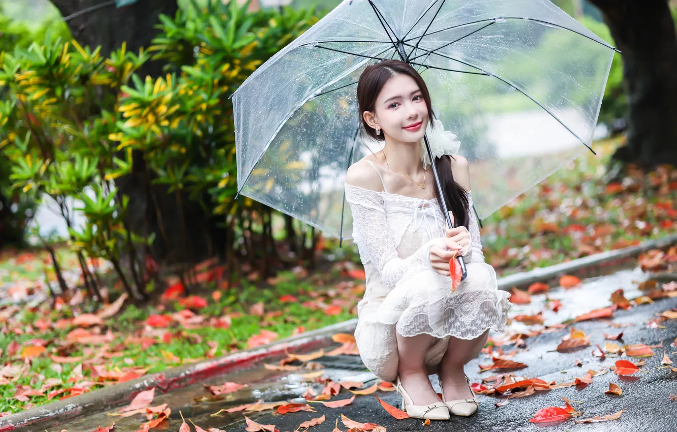 Photo wallpaper girl, umbrella, Asian