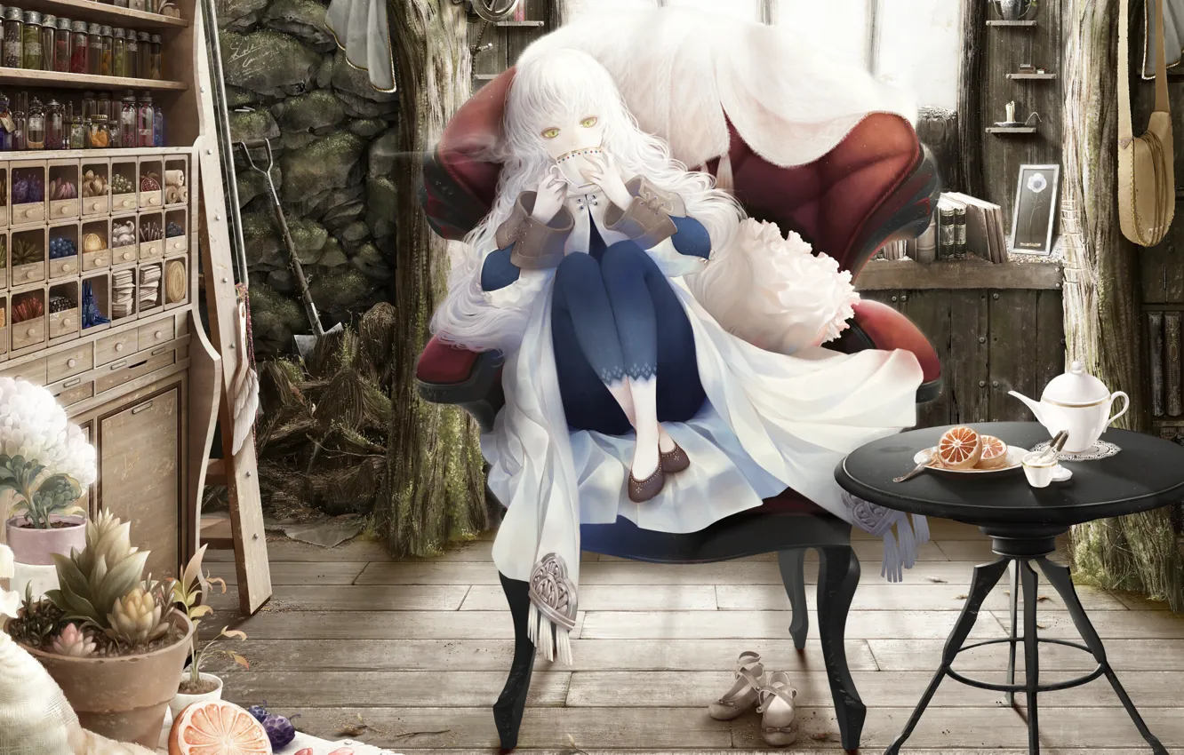 Photo wallpaper girl, room, tea, chair, Cup, shovel, shelves