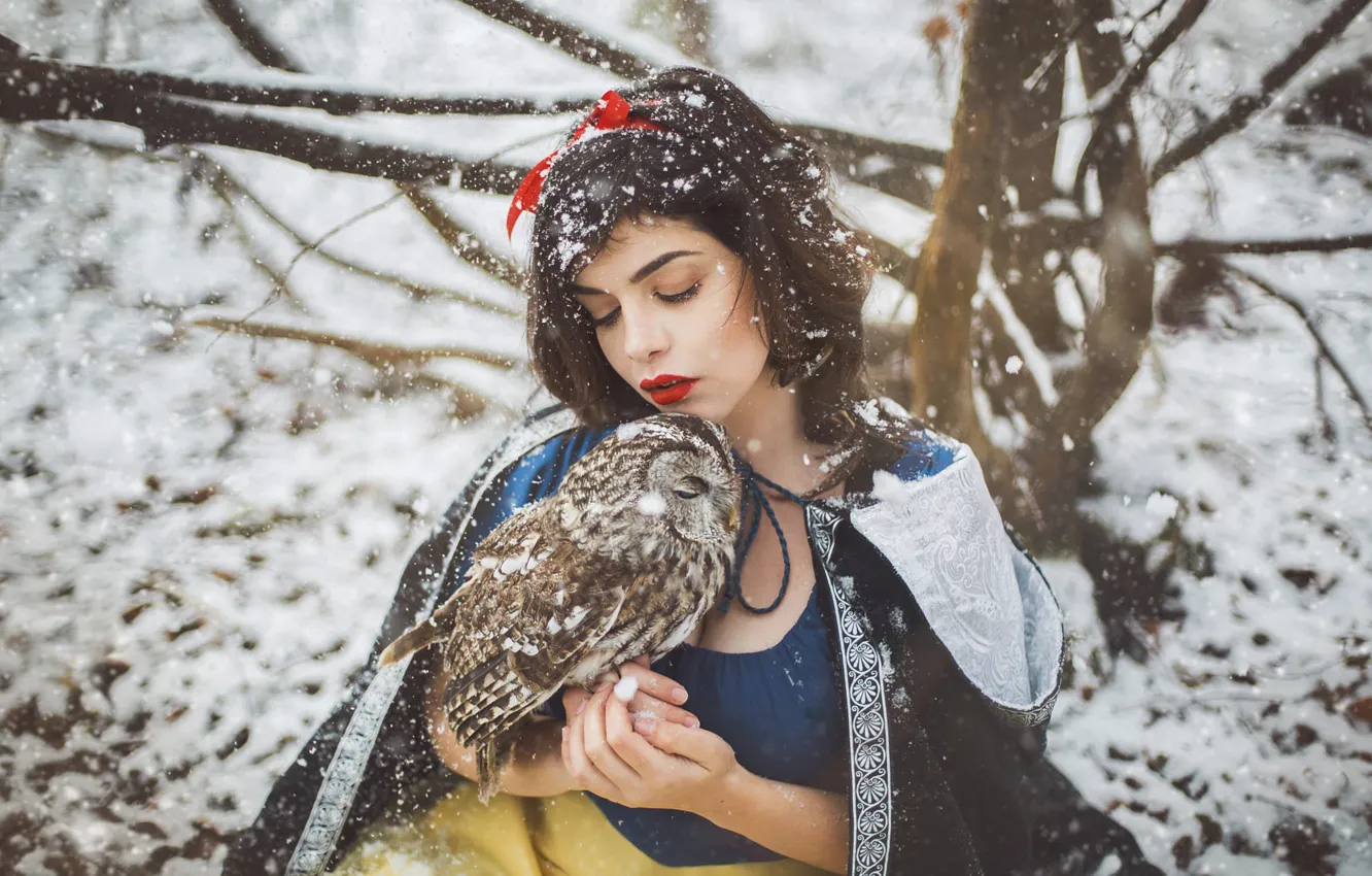 Photo wallpaper winter, girl, snow, style, owl, bird, fantasy, image