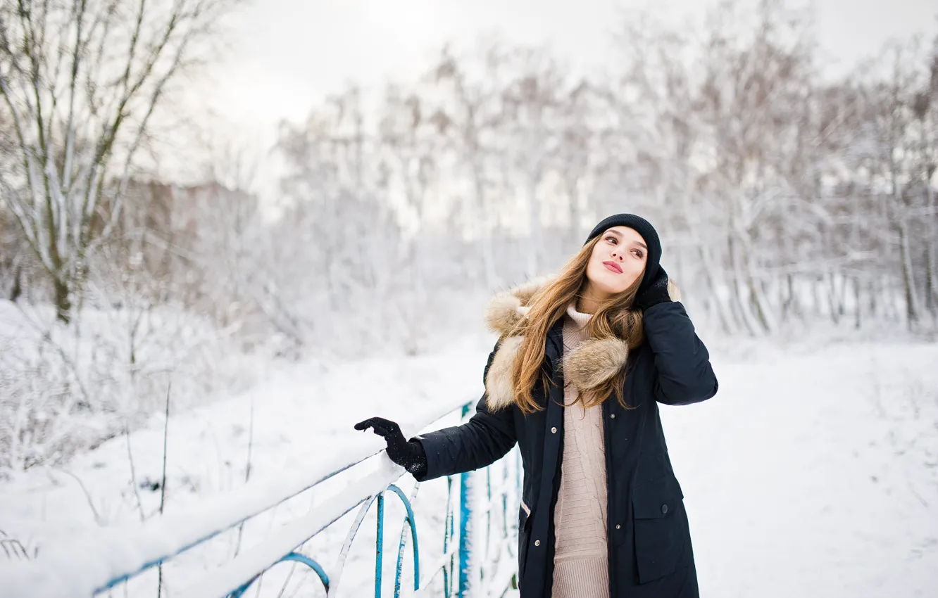 Photo wallpaper winter, look, girl, snow, branches, face, pose, Park