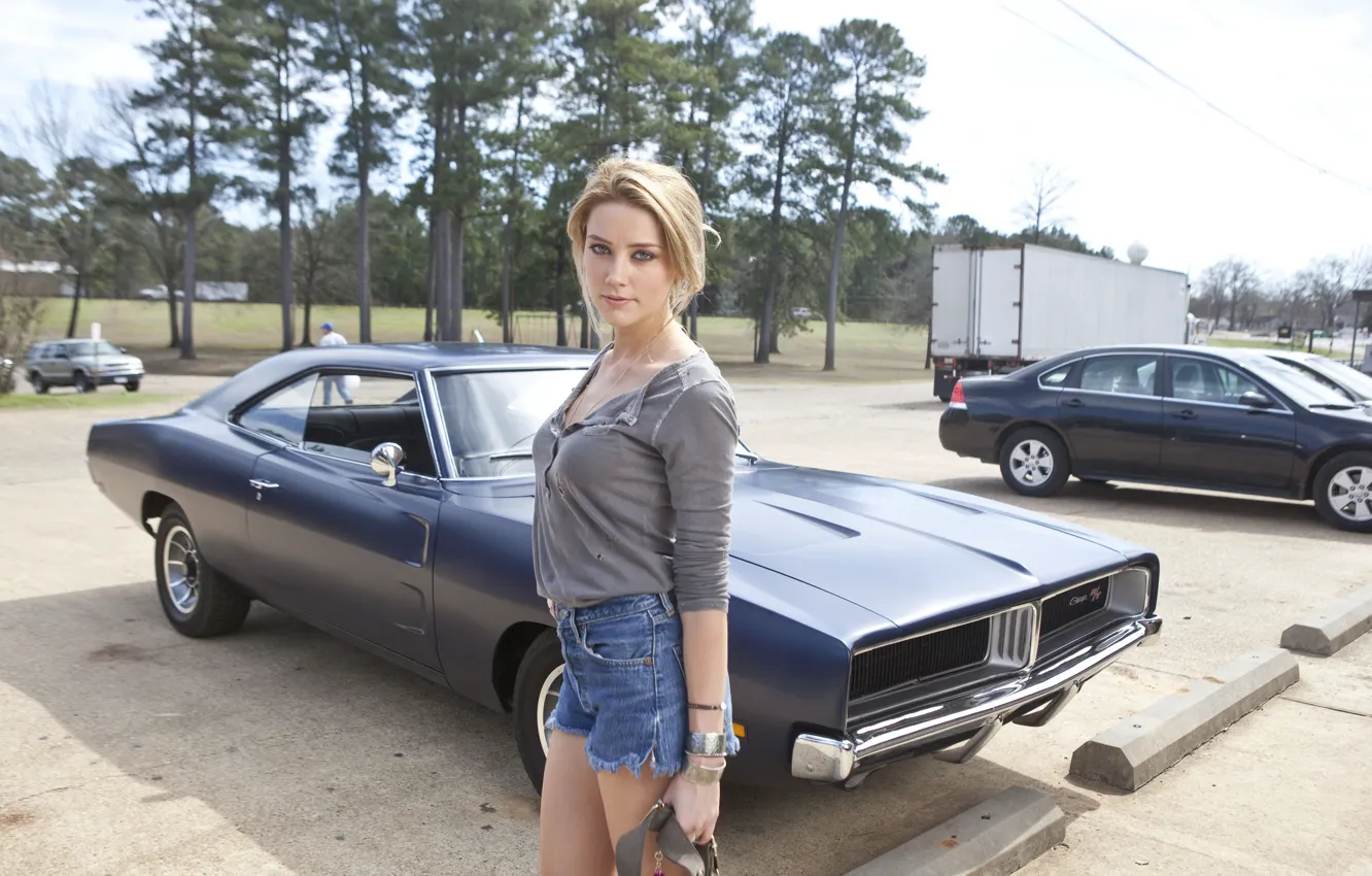 Photo wallpaper look, pose, street, Dodge Charger, Amber Heard, Amber Heard, Piper, Drive angry