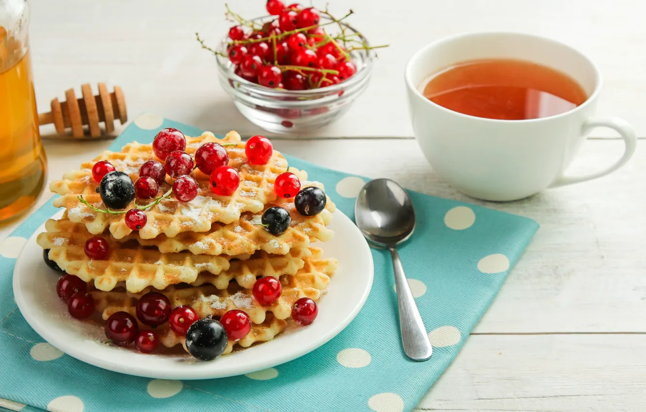 Photo wallpaper berries, food, Breakfast, honey, spoon, waffles, dessert, red currant